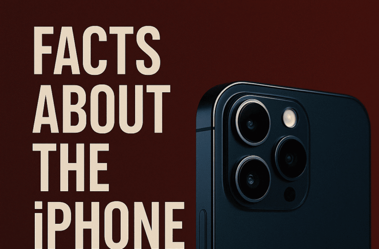 An iPhone handset on a dark background, titled Facts About the iPhone