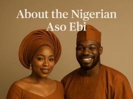 A Nigerian couple in matching burnt-orange aso ebi, the woman wearing a gele and the man a cap, titled About the Nigerian Aso Ebi