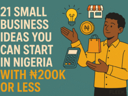 Illustrated Nigerian man holding a card payment terminal among lightbulb, shop and naira icons, titled 21 Small Business Ideas You Can Start in Nigeria With 200k or Less