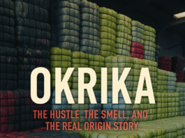 Stacked bales of second-hand clothing in a warehouse, titled Okrika: the hustle, the smell and the real origin story