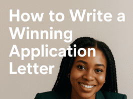 Smiling Nigerian woman with braids in a dark blazer, titled How to Write a Winning Application Letter