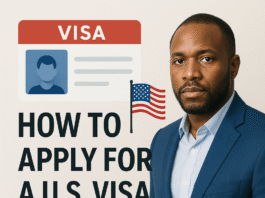 Illustration of a visa document and United States flag beside a Nigerian man in a navy blazer, titled How to Apply for a US Visa