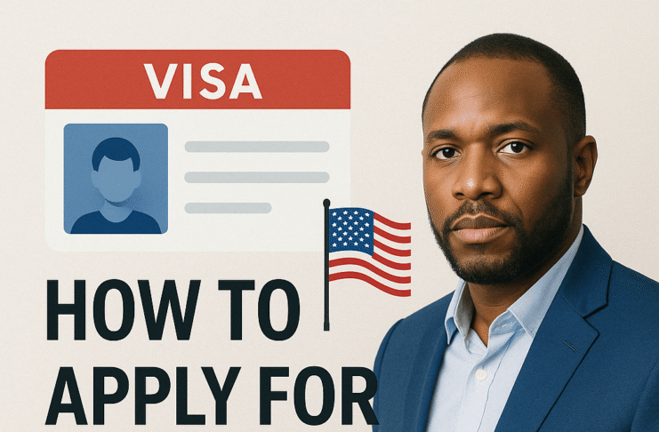 Illustration of a visa document and United States flag beside a Nigerian man in a navy blazer, titled How to Apply for a US Visa