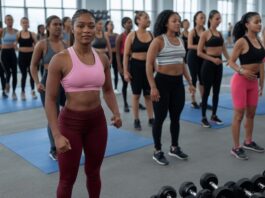 Women in sportswear standing together in a gym with dumbbells on the floor