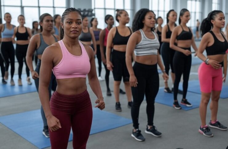 Women in sportswear standing together in a gym with dumbbells on the floor