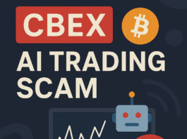 Dark graphic with the CBEX logo, a bitcoin symbol and a robot beside a trading chart, titled AI Trading Scam